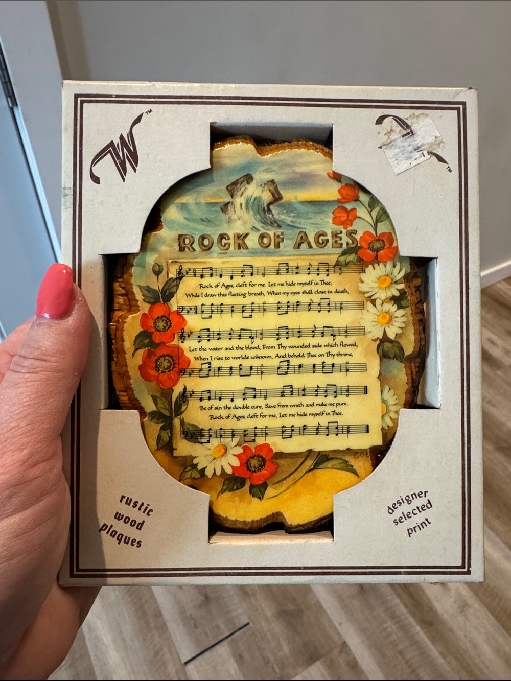 Vintage Rock of Ages Rustic Wood Plaque with Floral Sheet Music